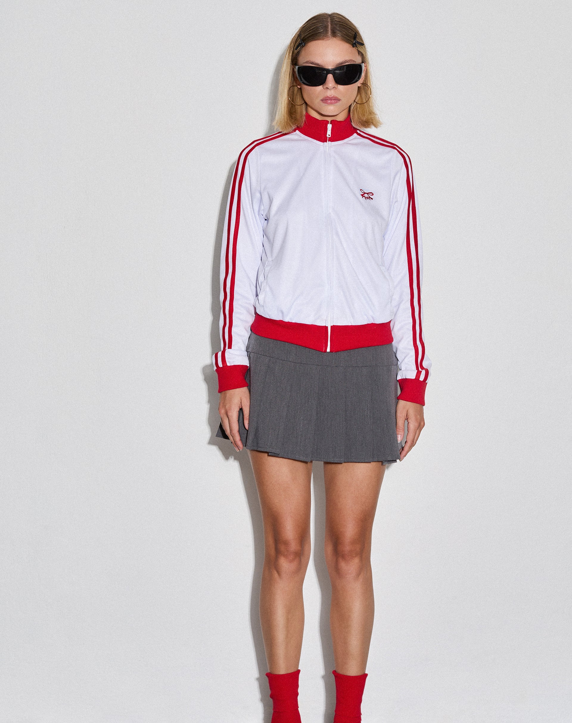 Makira Zip Up Jacket in White with Red Double Stripe-Nico Sky