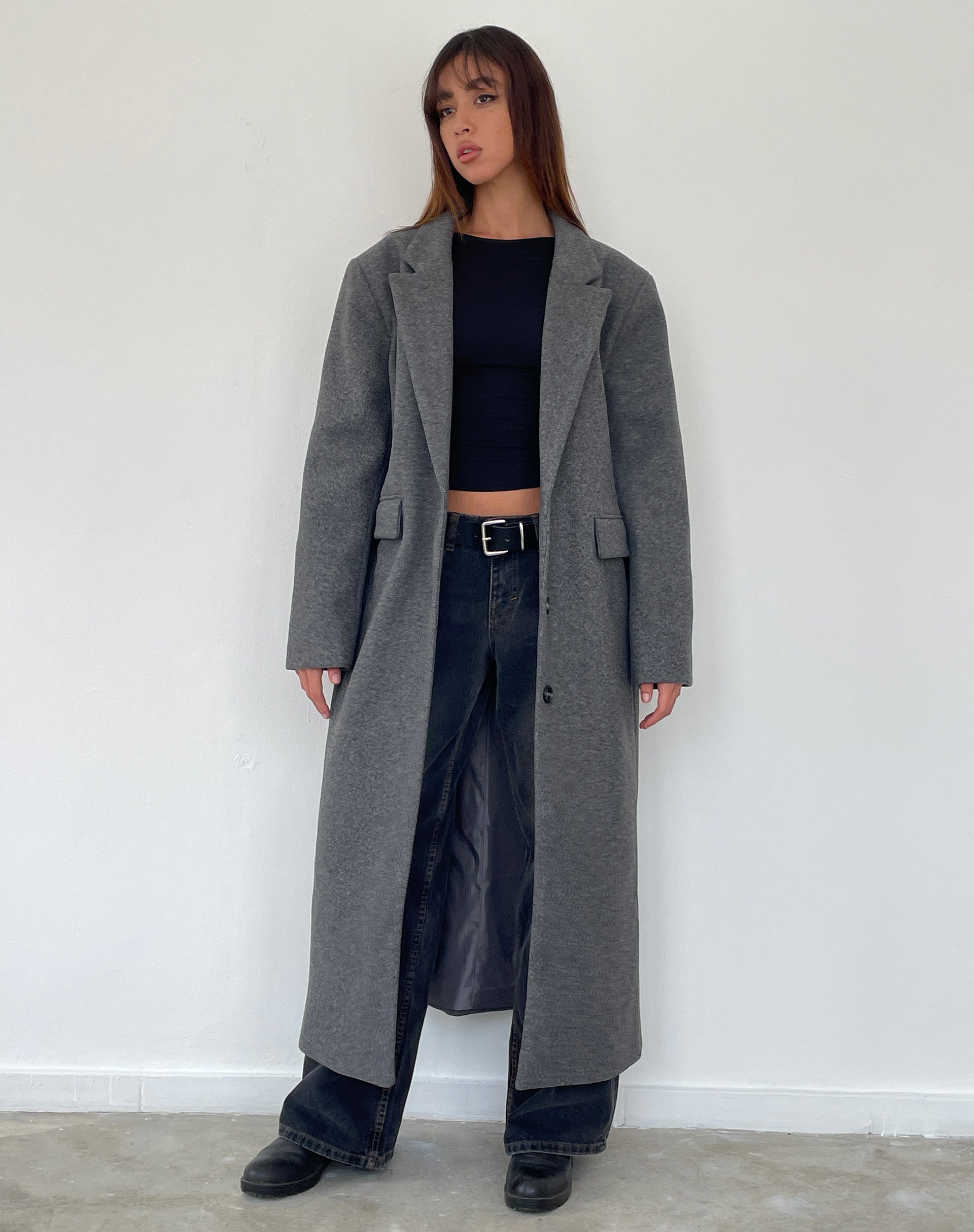 Malati Longline Coat in Charcoal-Nico Sky