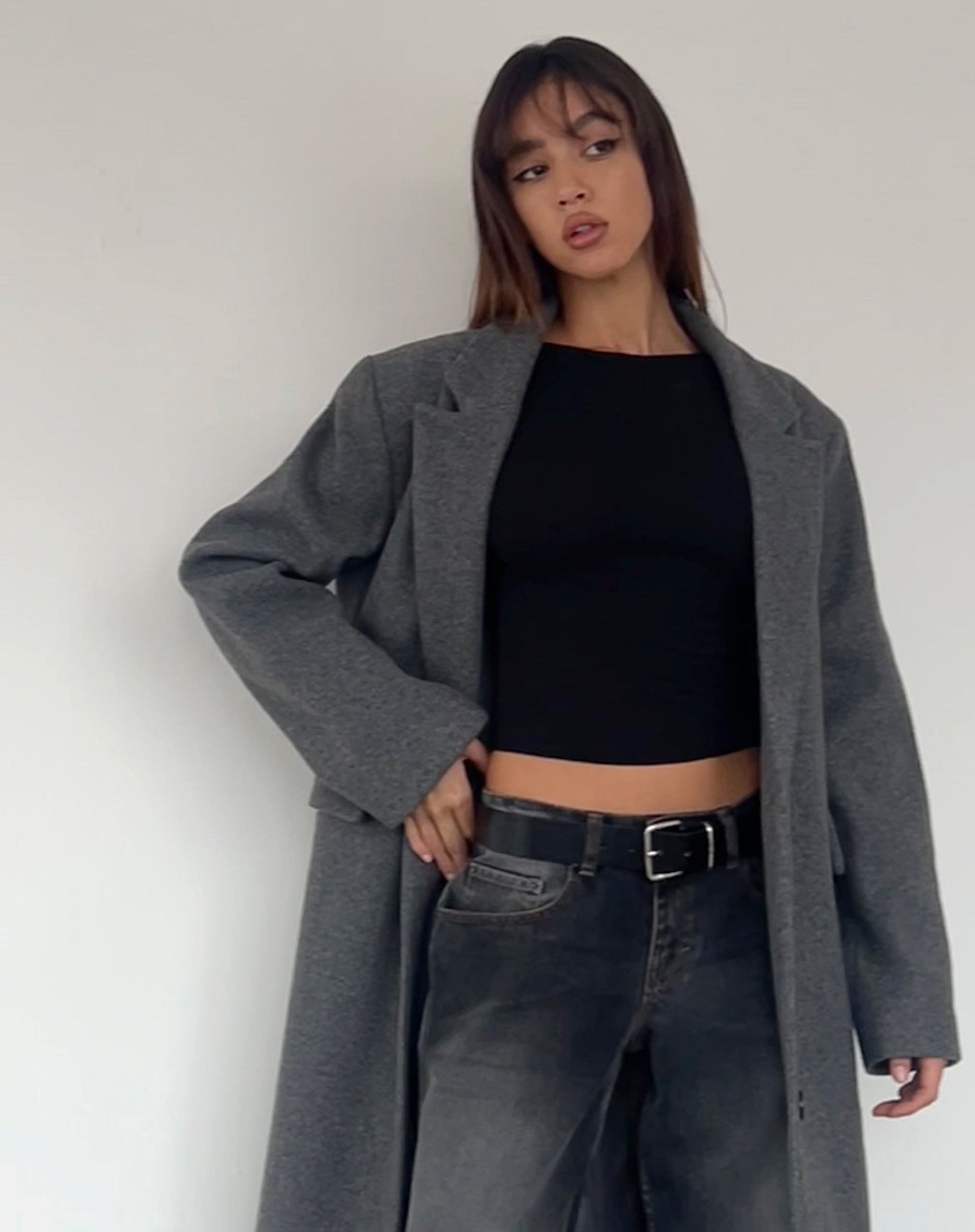 Malati Longline Coat in Charcoal-Nico Sky