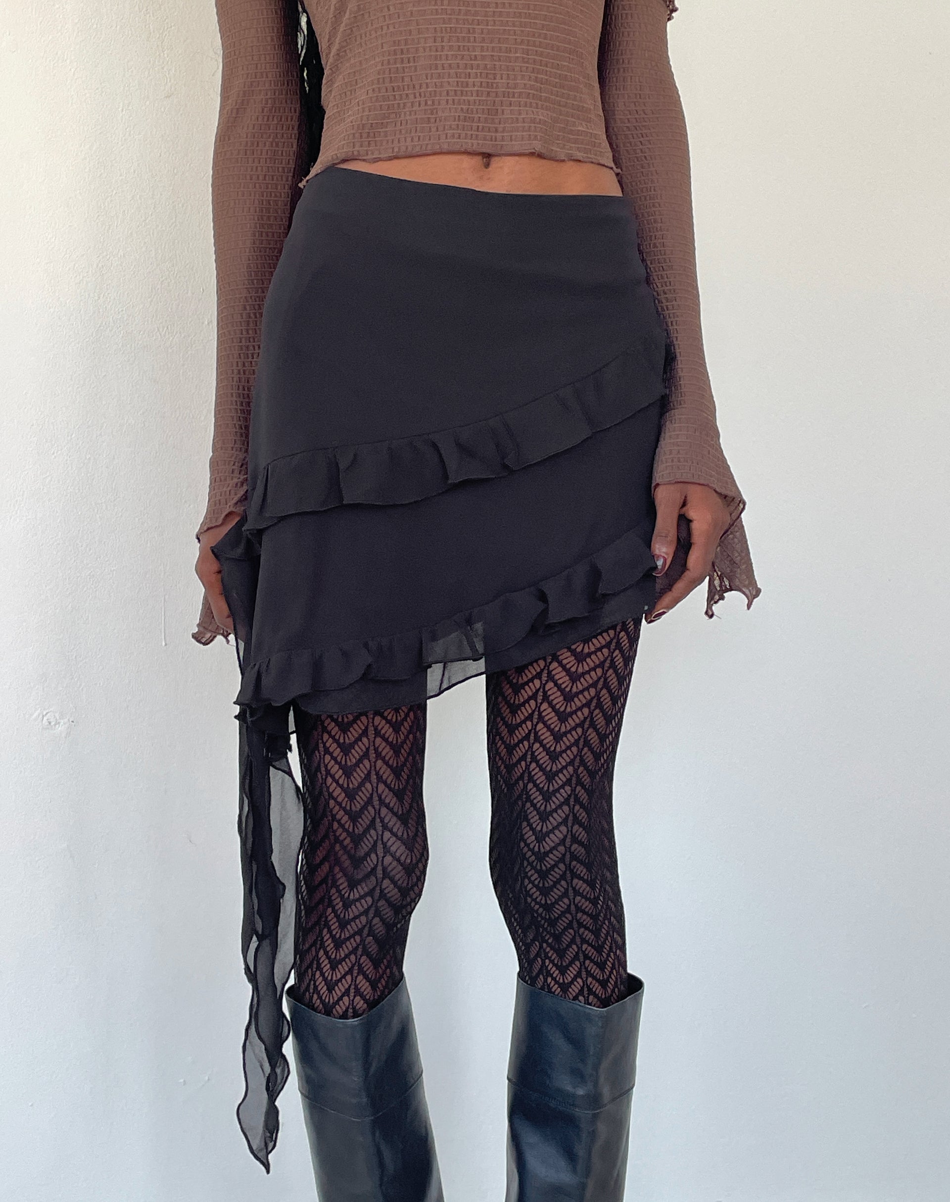 Malinna Ruffle Mini Skirt in Black Chiffon-Nico Sky