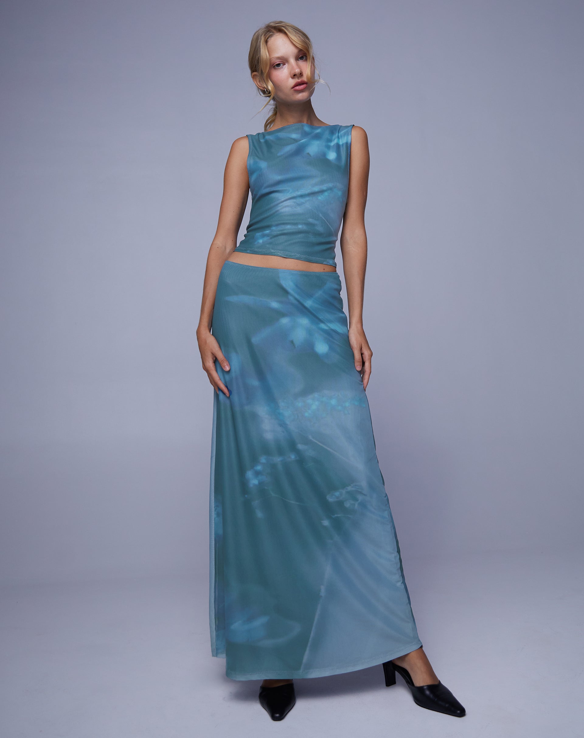 Nola Maxi Skirt in Lumen Floral Blue-Nico Sky