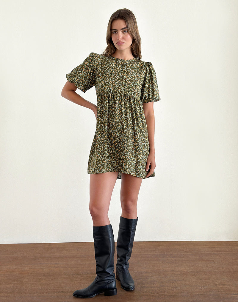 Marate Puff Sleeve Mini Dress in Grunge Floral Khaki-Nico Sky