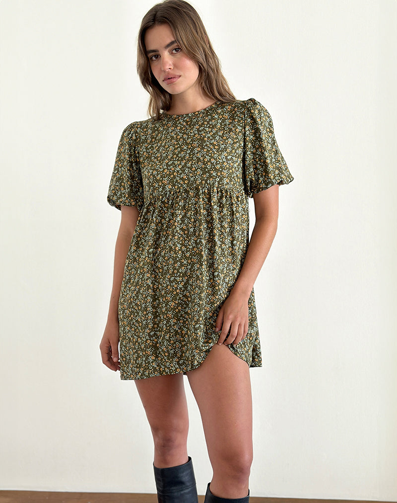 Marate Puff Sleeve Mini Dress in Grunge Floral Khaki-Nico Sky