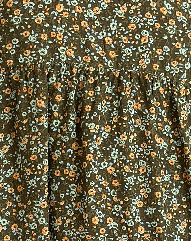 Marate Puff Sleeve Mini Dress in Grunge Floral Khaki-Nico Sky