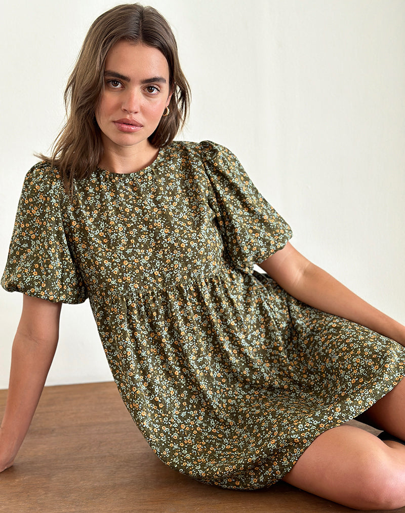 Marate Puff Sleeve Mini Dress in Grunge Floral Khaki-Nico Sky