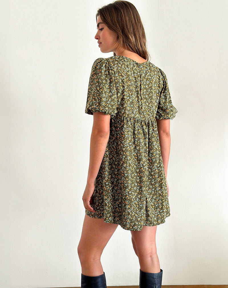 Marate Puff Sleeve Mini Dress in Grunge Floral Khaki-Nico Sky