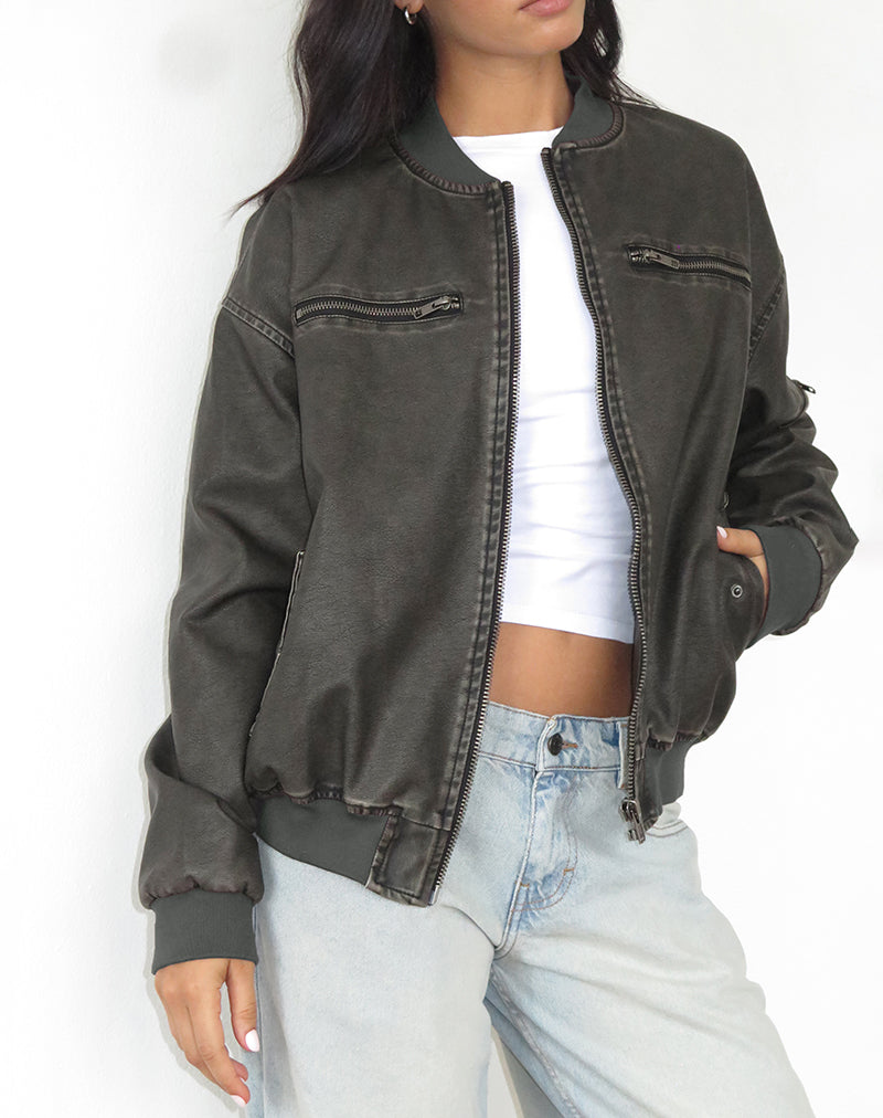 Marco Distressed Bomber Jacket in PU Charcoal-Nico Sky