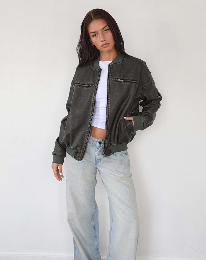 Marco Distressed Bomber Jacket in PU Charcoal-Nico Sky