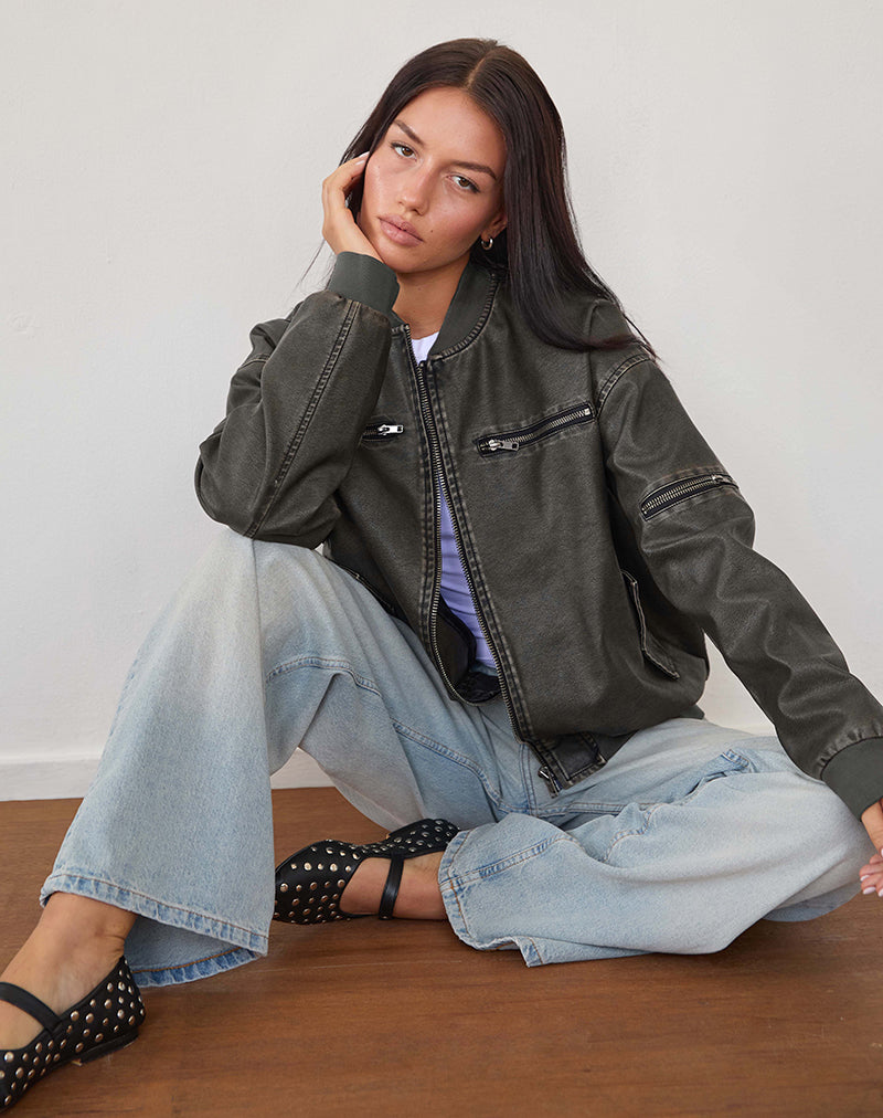 Marco Distressed Bomber Jacket in PU Charcoal-Nico Sky