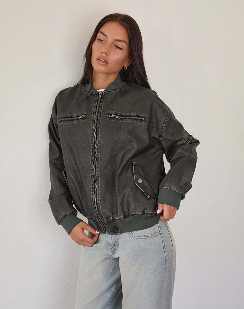 Marco Distressed Bomber Jacket in PU Charcoal-Nico Sky