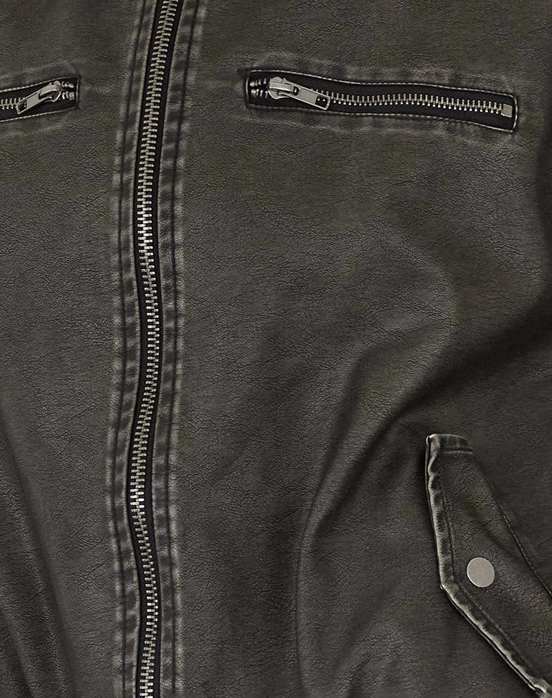 Marco Distressed Bomber Jacket in PU Charcoal-Nico Sky