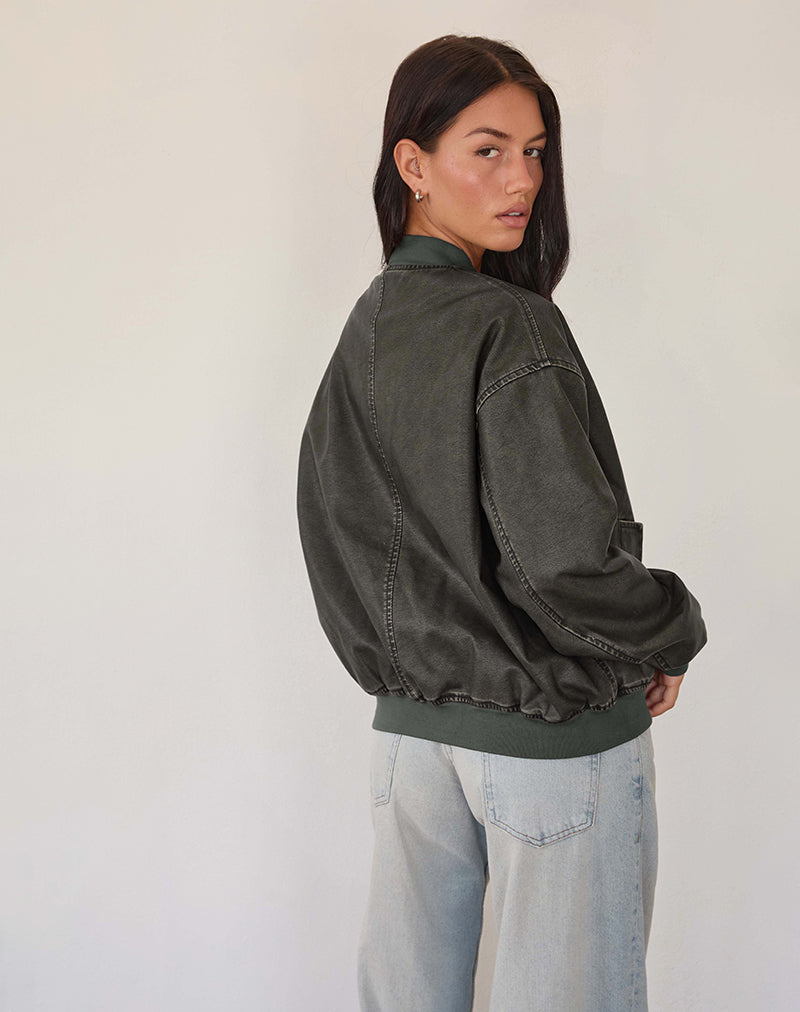 Marco Distressed Bomber Jacket in PU Charcoal-Nico Sky