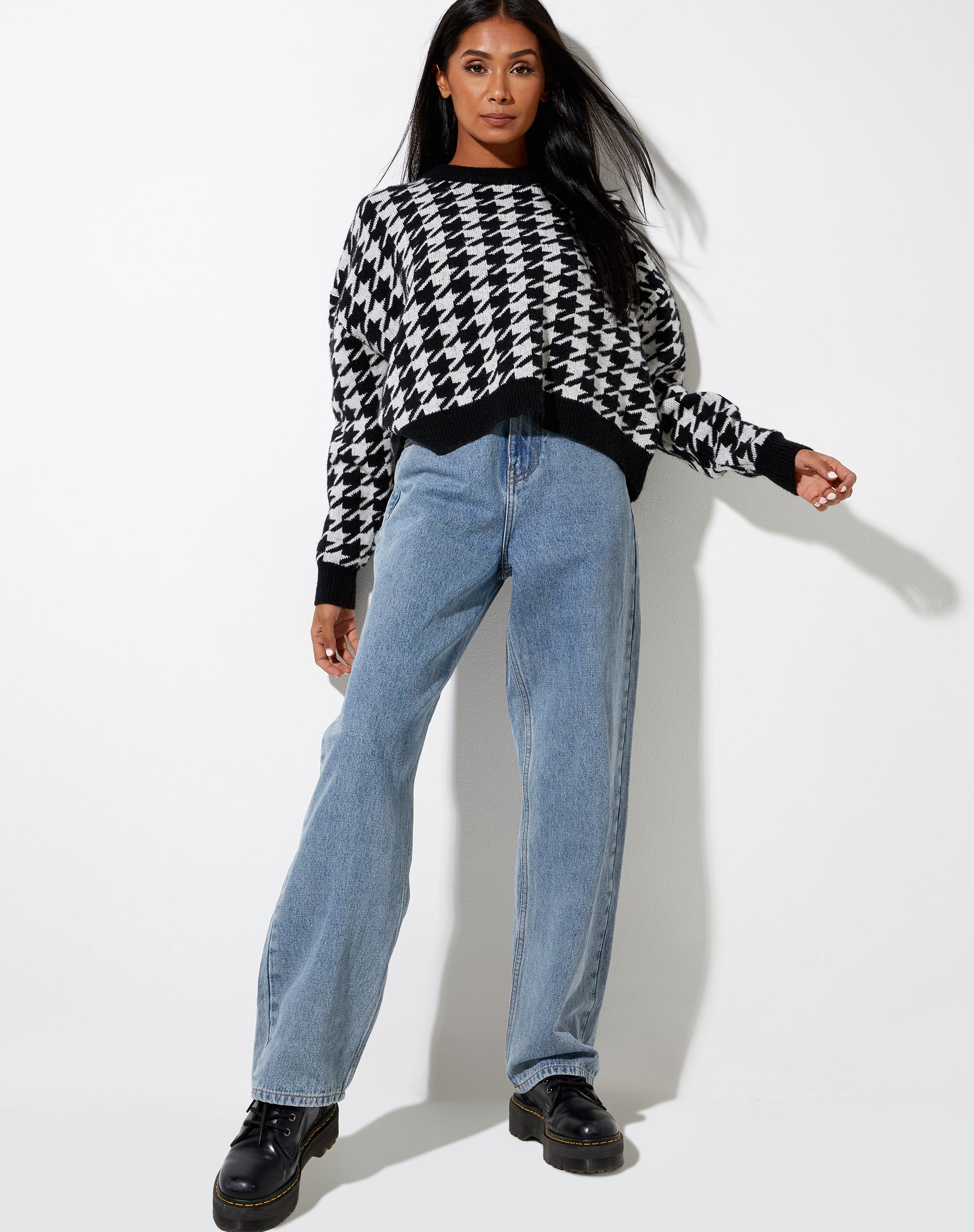 Margo Jumper in Knit Houndstooth Black and Ivory-Nico Sky
