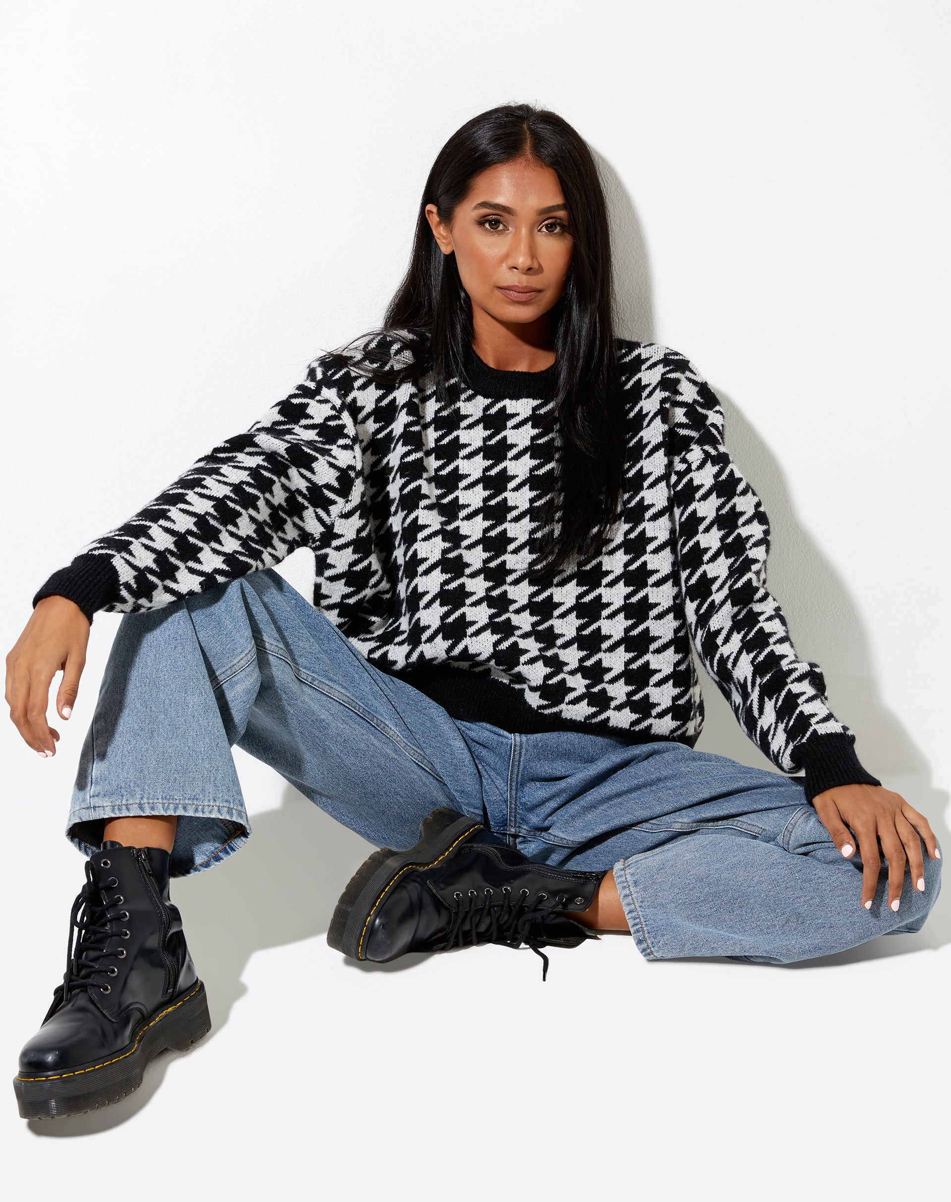 Margo Jumper in Knit Houndstooth Black and Ivory-Nico Sky