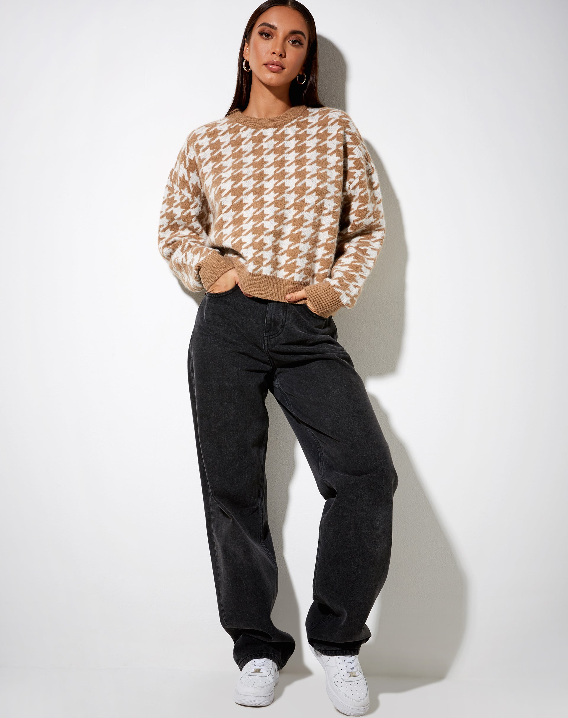 Margo Jumper in Knit Houndstooth Brown-Nico Sky
