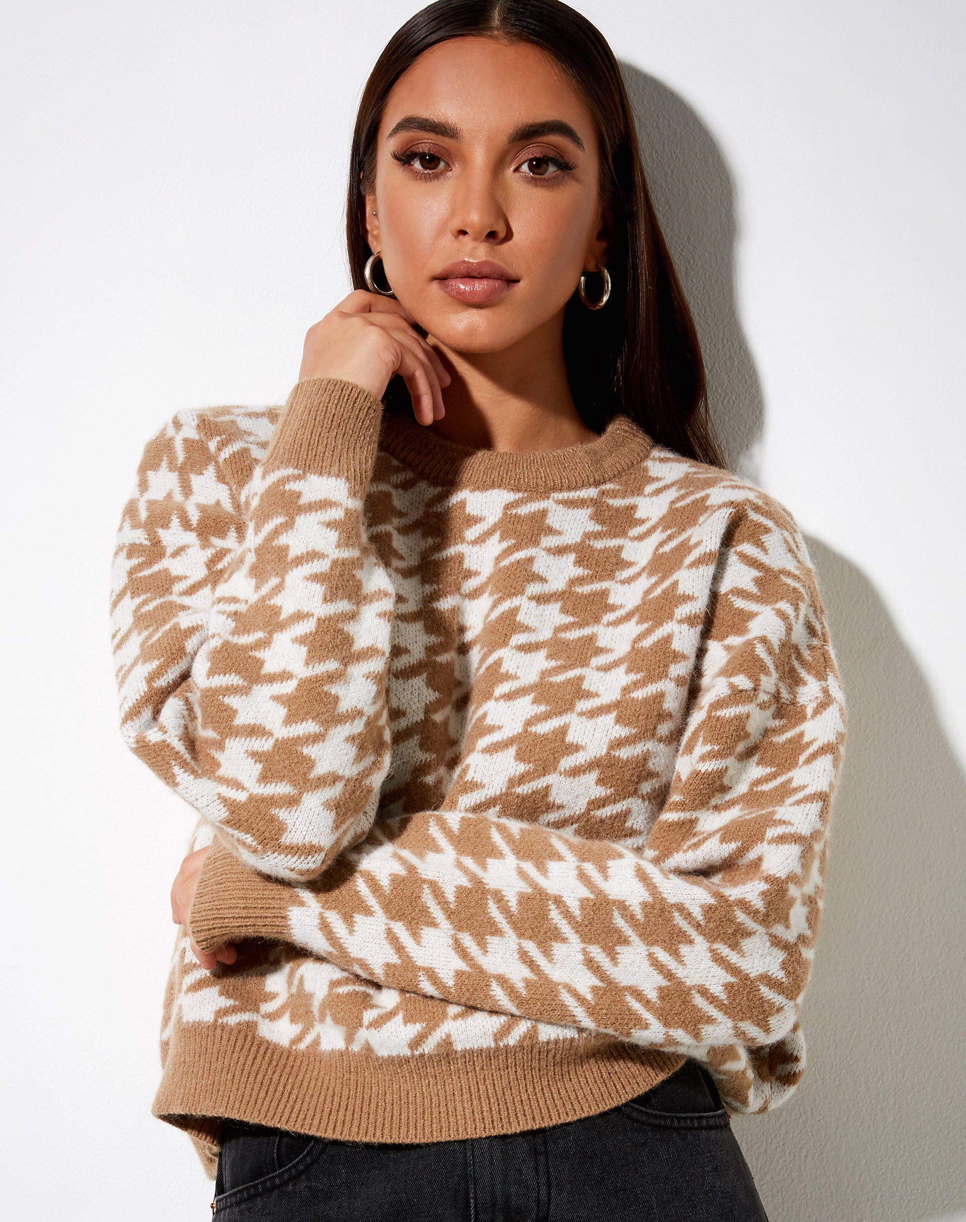 Margo Jumper in Knit Houndstooth Brown-Nico Sky
