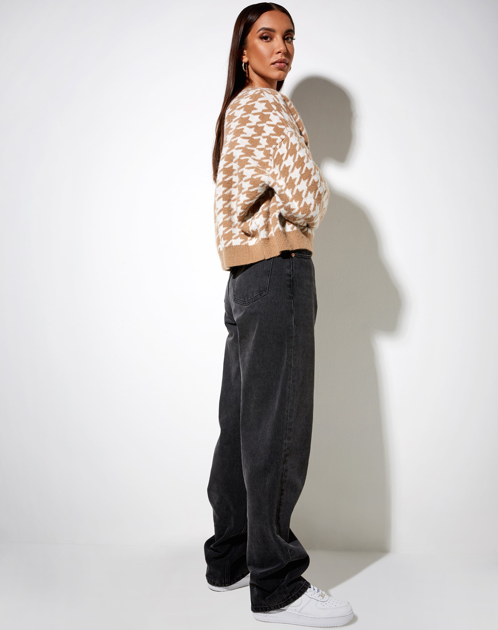 Margo Jumper in Knit Houndstooth Brown-Nico Sky