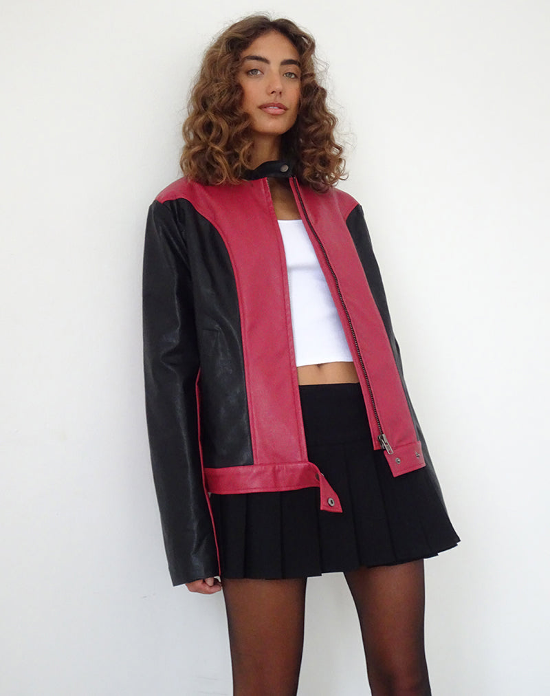 Marion PU Biker Jacket in Red with Black Panels-Nico Sky