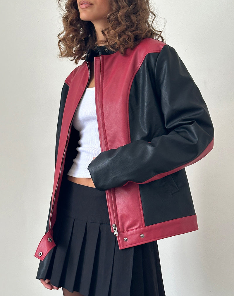 Marion PU Biker Jacket in Red with Black Panels-Nico Sky