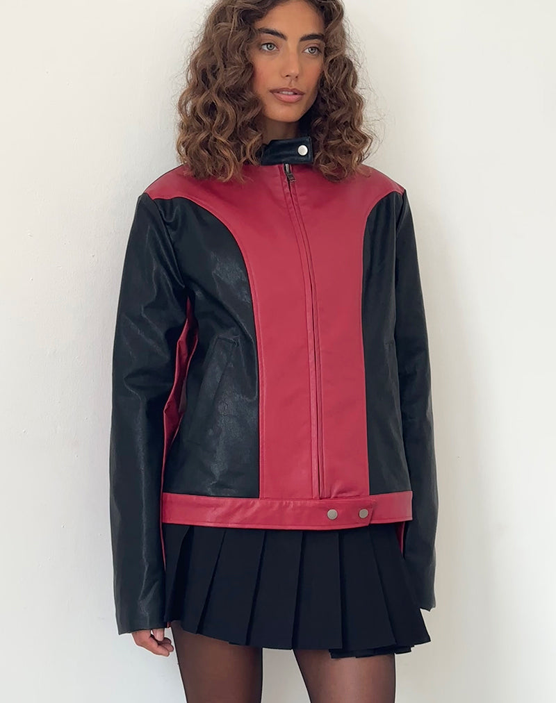 Marion PU Biker Jacket in Red with Black Panels-Nico Sky