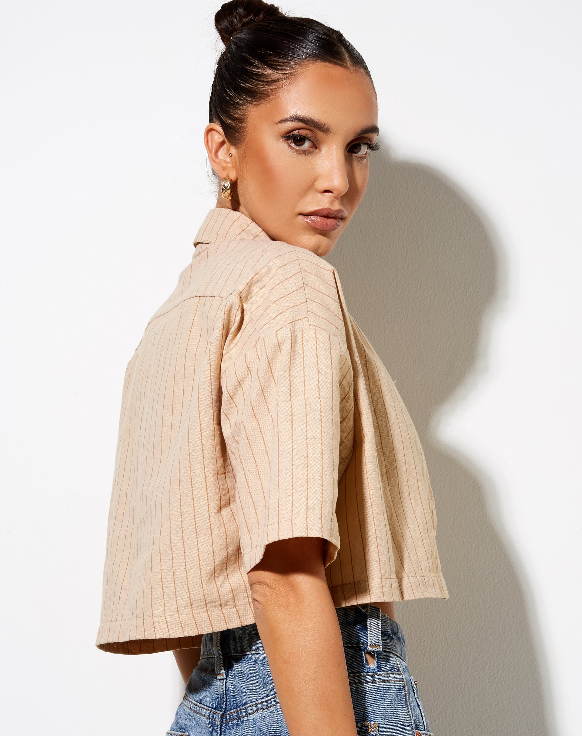 Marka Crop Top in Pencil Stripe-Nico Sky