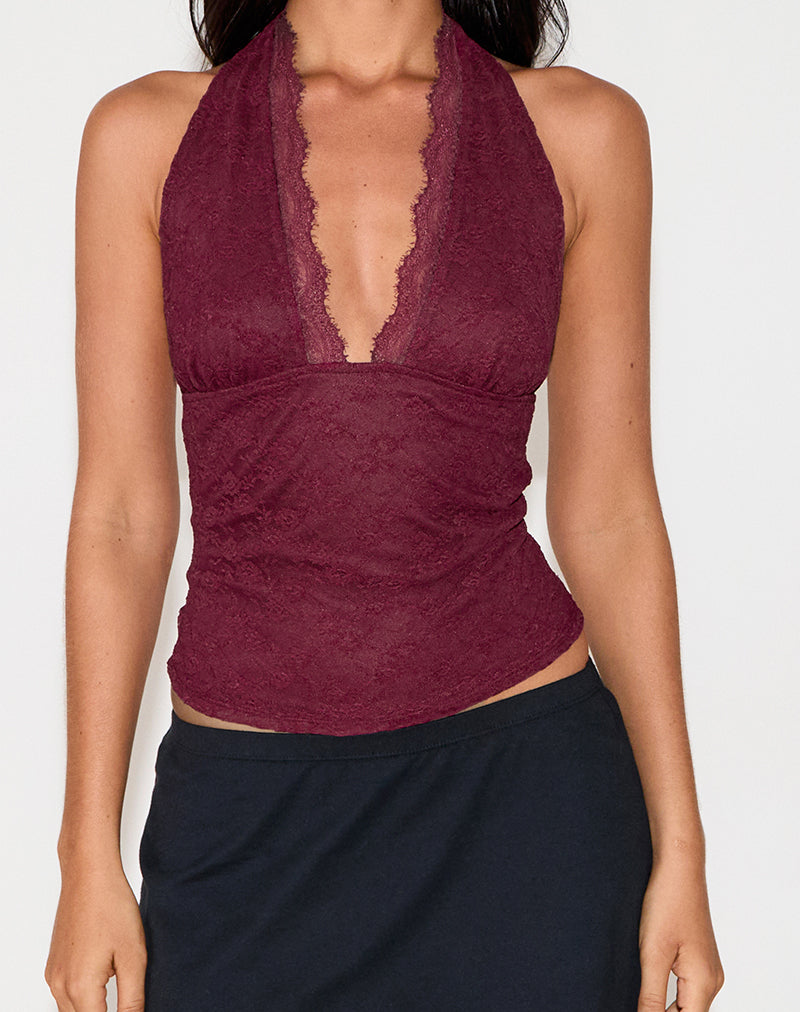 Matua Halter Top in Clover Lace Maroon-Nico Sky