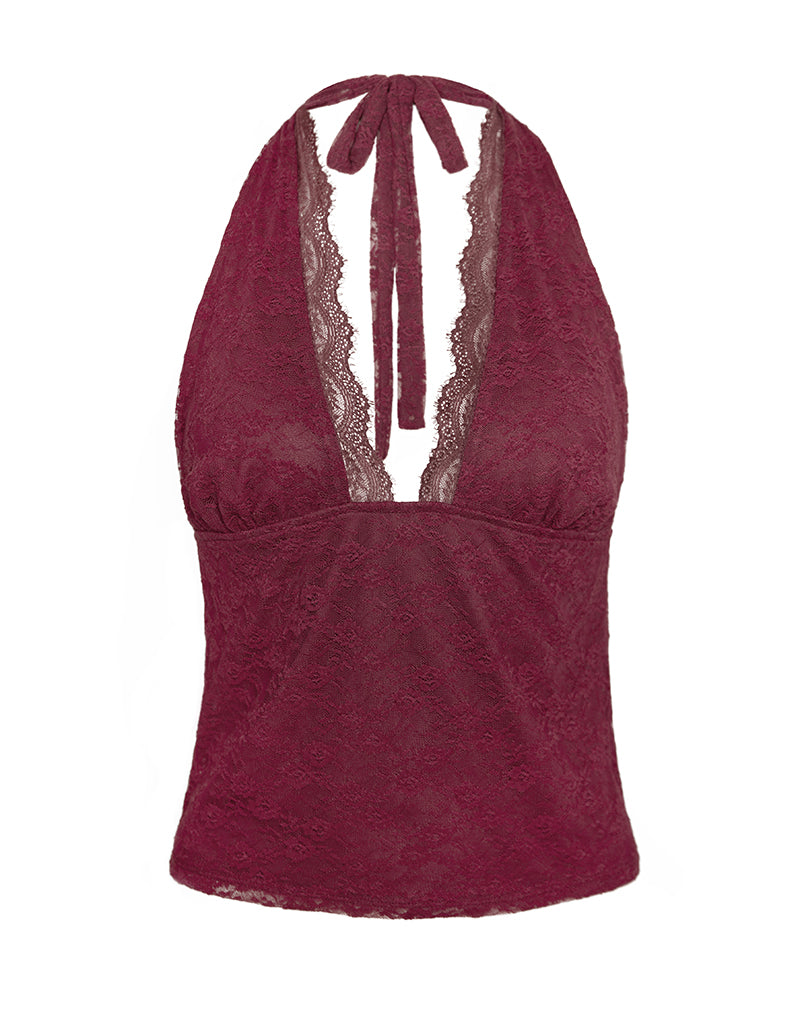 Matua Halter Top in Clover Lace Maroon-Nico Sky