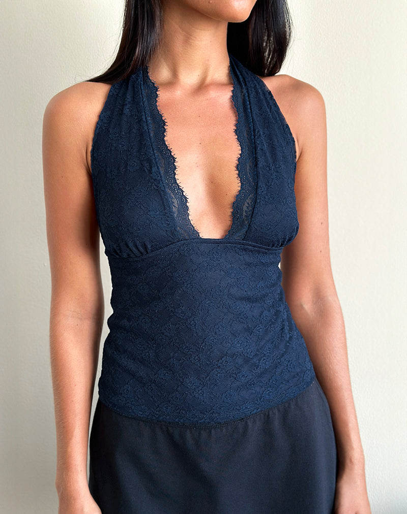Matua Halter Top in Clover Lace Navy-Nico Sky
