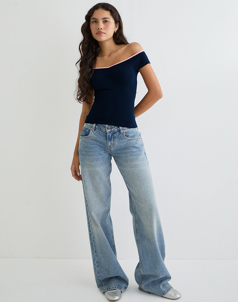 Mayomi Off the Shoulder Top in Navy with Pink Binding-Nico Sky