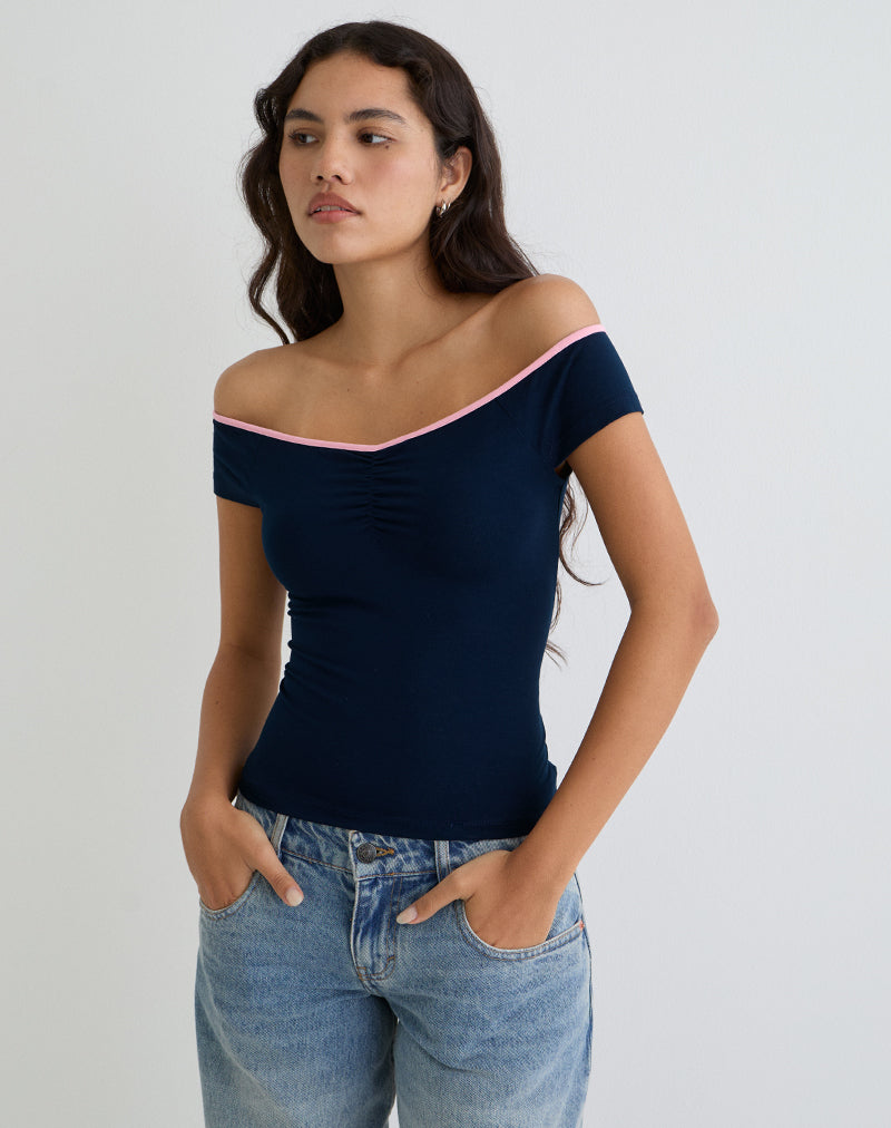 Mayomi Off the Shoulder Top in Navy with Pink Binding-Nico Sky