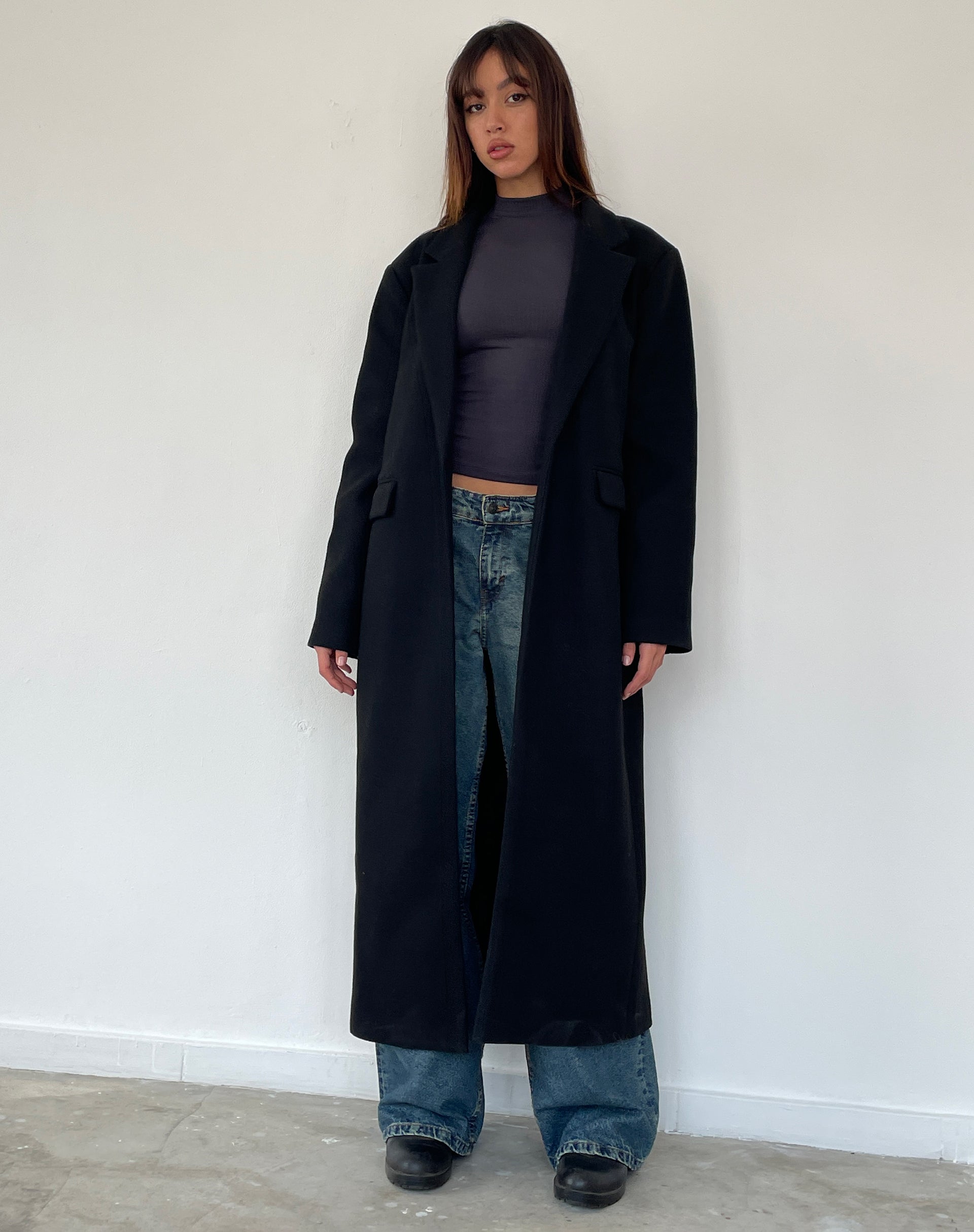 Melani Longline Coat in Black-Nico Sky