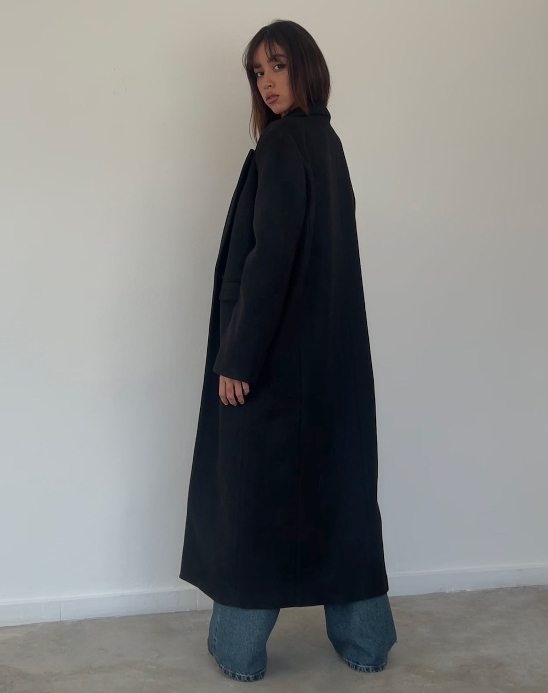 Melani Longline Coat in Black-Nico Sky