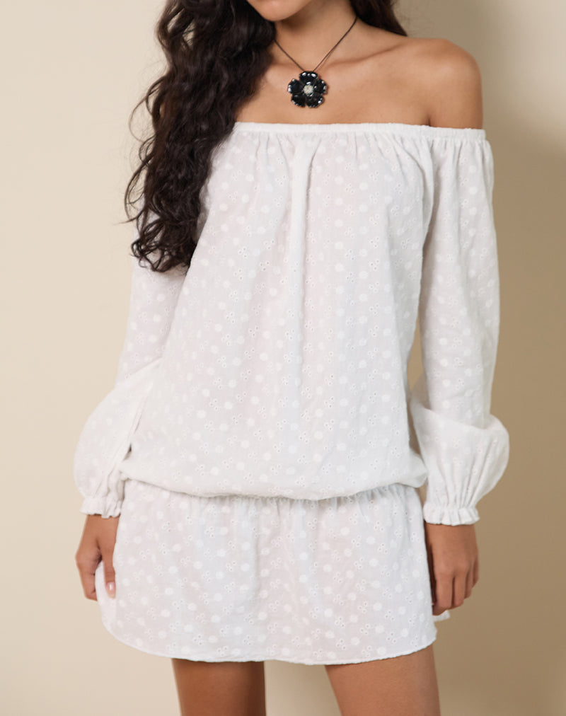 Melisandre Mini Dress in Broderie Ivory-Nico Sky