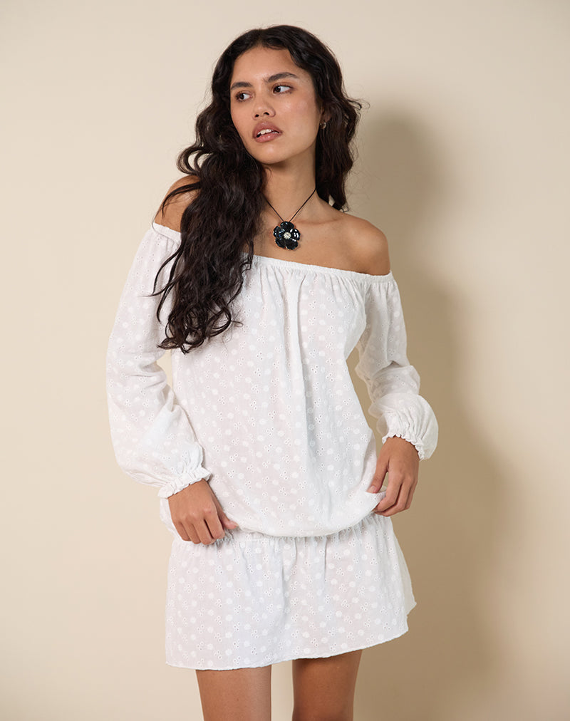 Melisandre Mini Dress in Broderie Ivory-Nico Sky