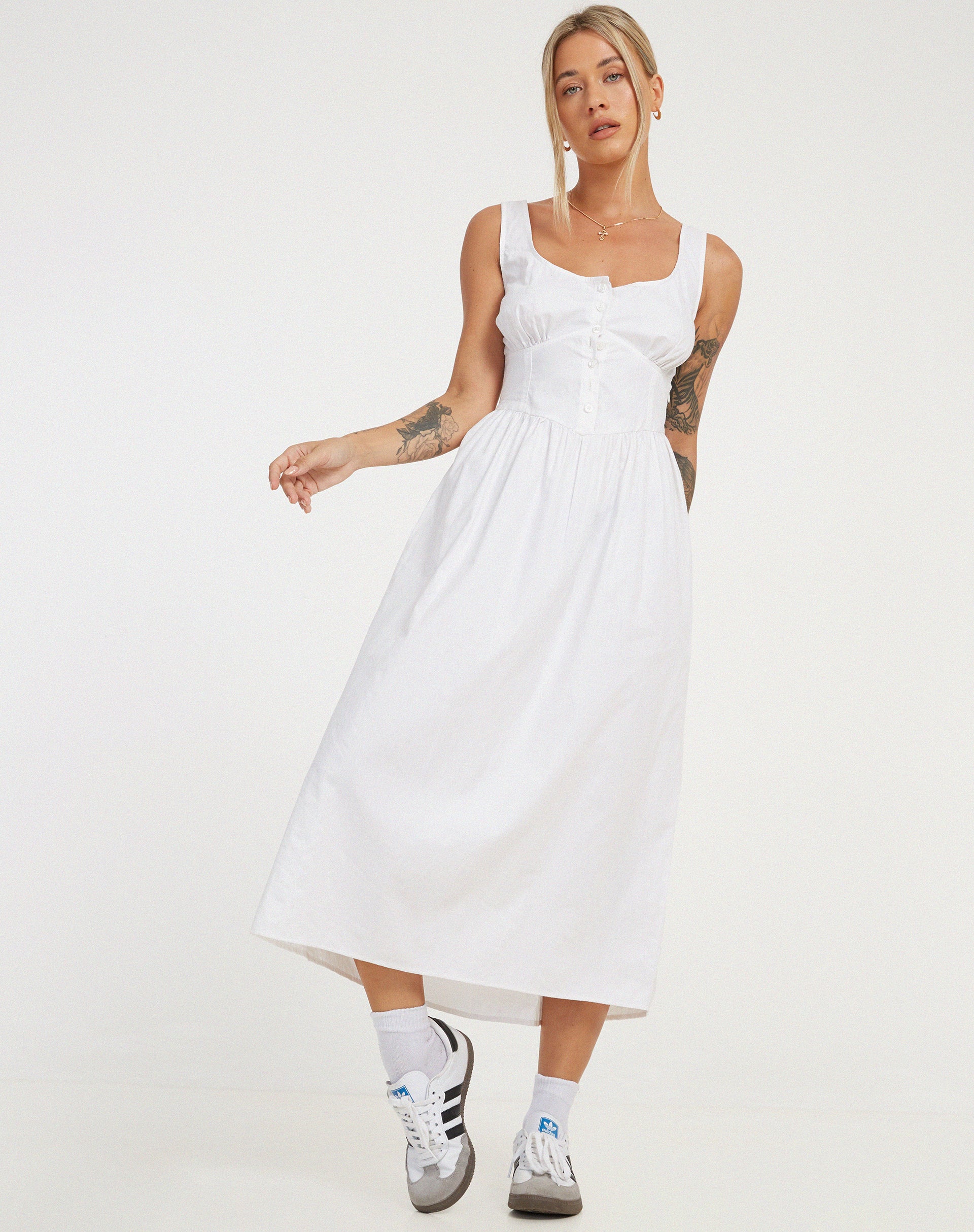 Melrose Midi Dress in White-Nico Sky