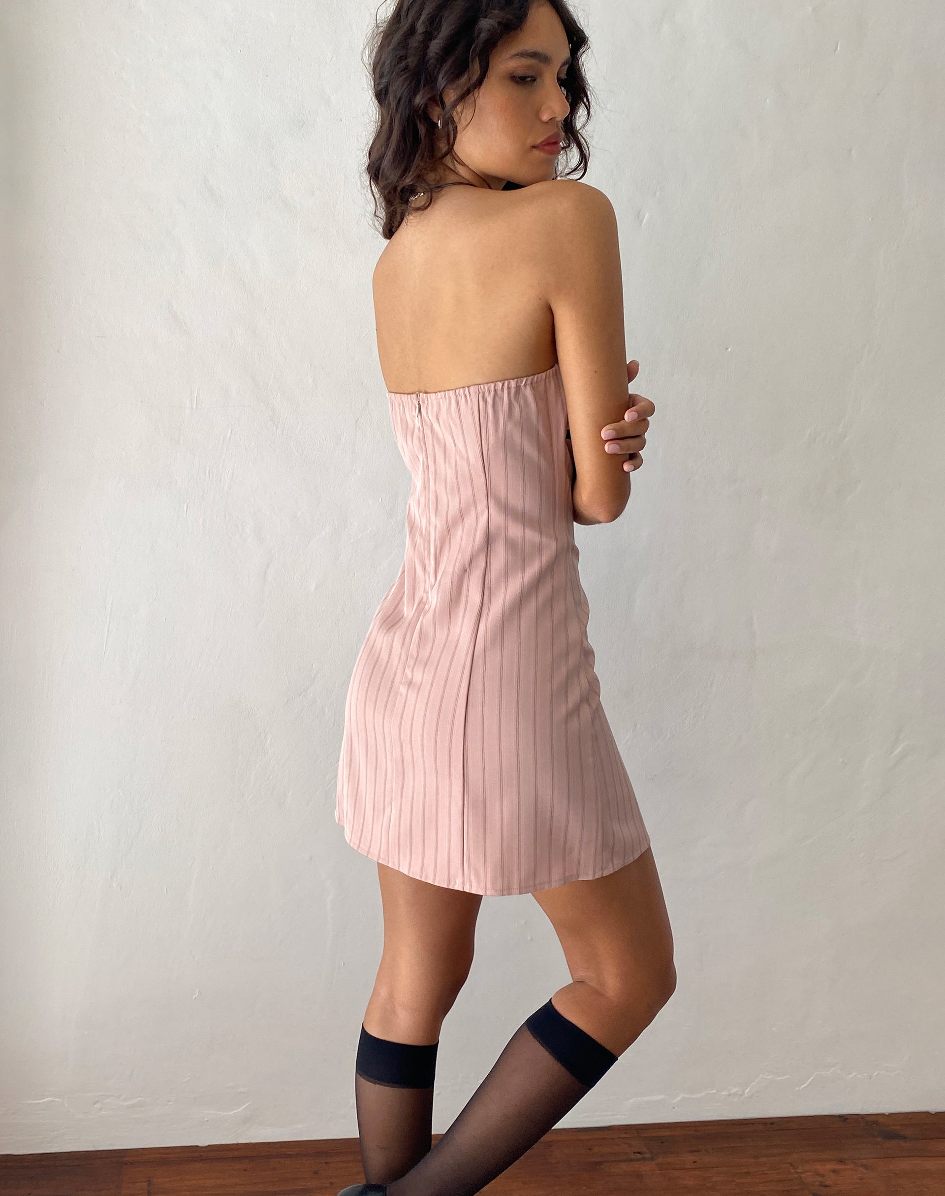Merila Bandeau Mini Dress in Pinstripe Blush-Nico Sky