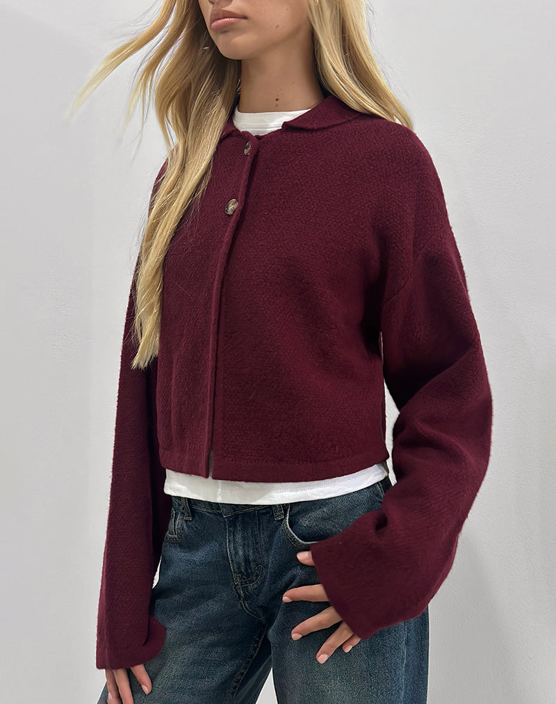 Merril Collared Cardigan in Knit Wine-Nico Sky