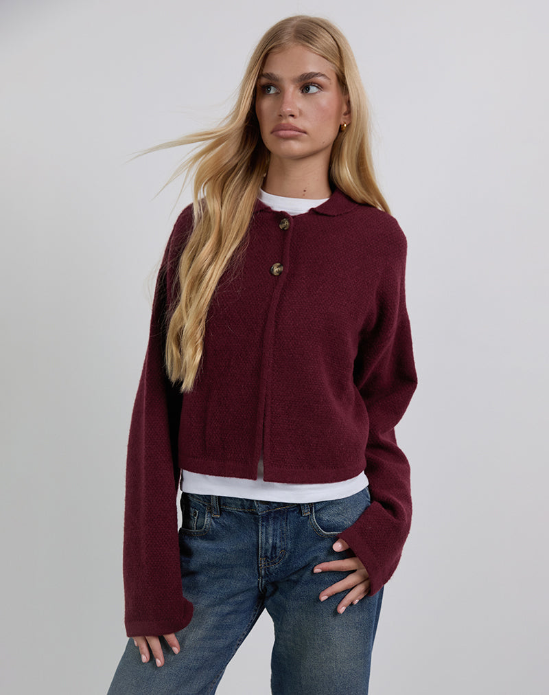 Merril Collared Cardigan in Knit Wine-Nico Sky