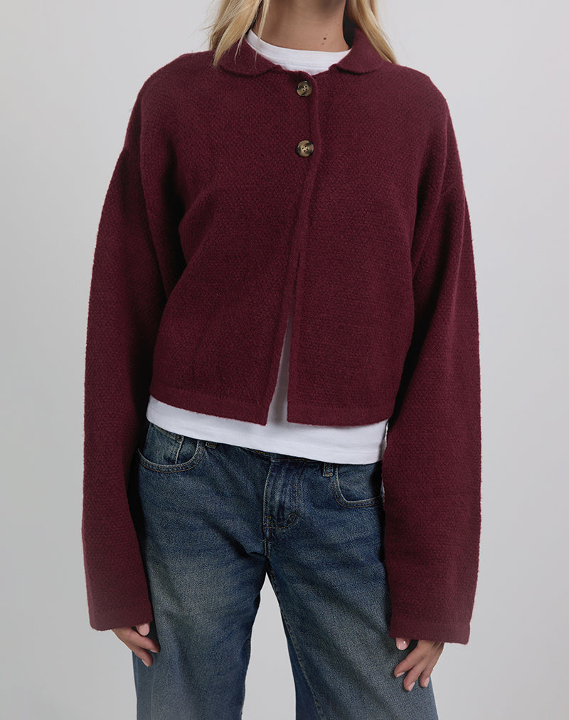 Merril Collared Cardigan in Knit Wine-Nico Sky