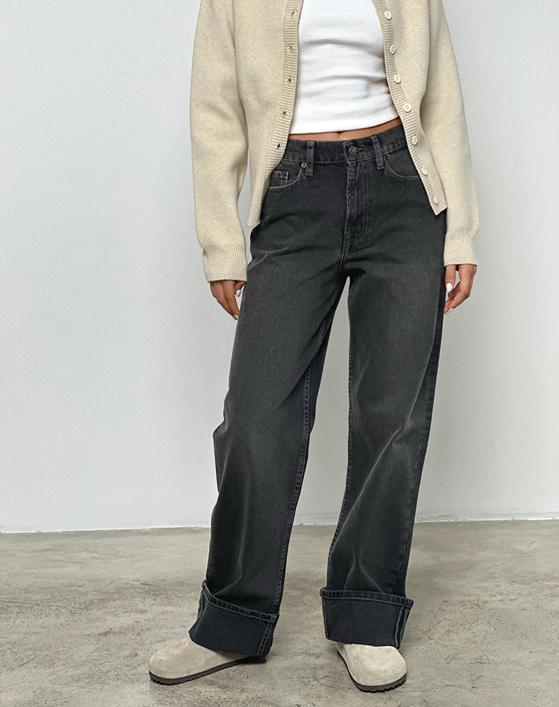 Mid Rise Turn Up Straight Jeans in Washed Black Grey-Nico Sky