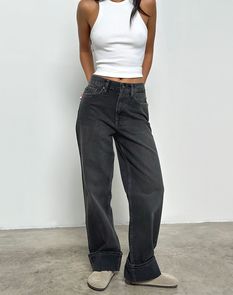 Mid Rise Turn Up Straight Jeans in Washed Black Grey-Nico Sky