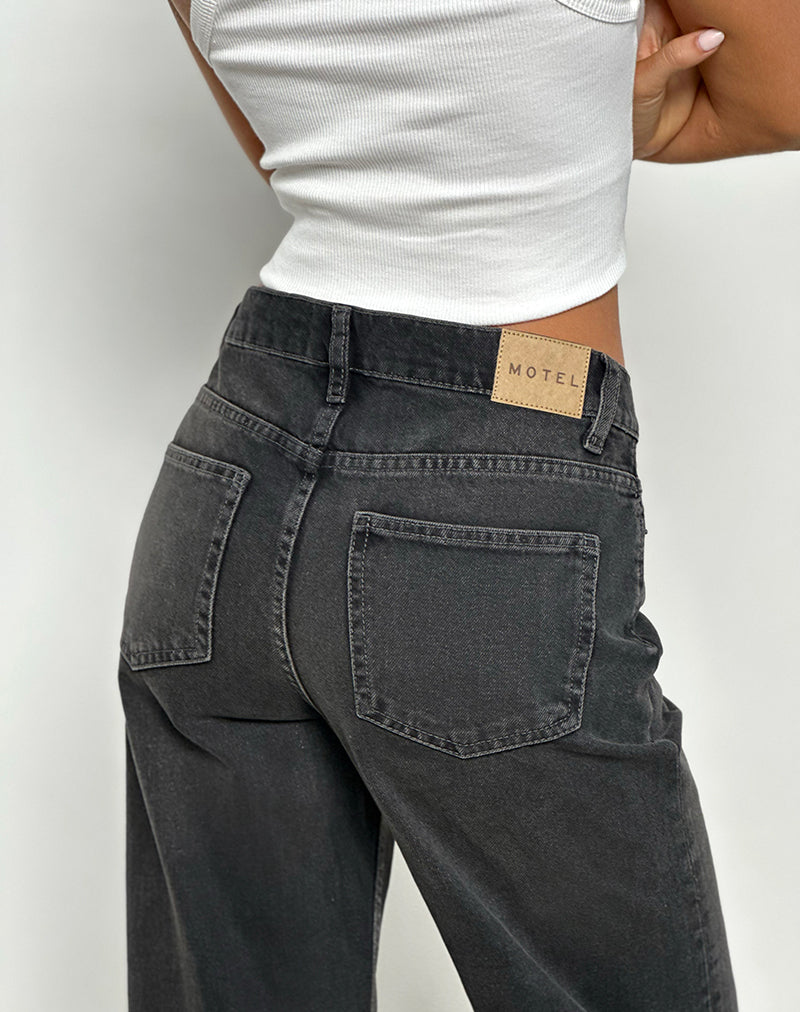 Mid Rise Turn Up Straight Jeans in Washed Black Grey-Nico Sky