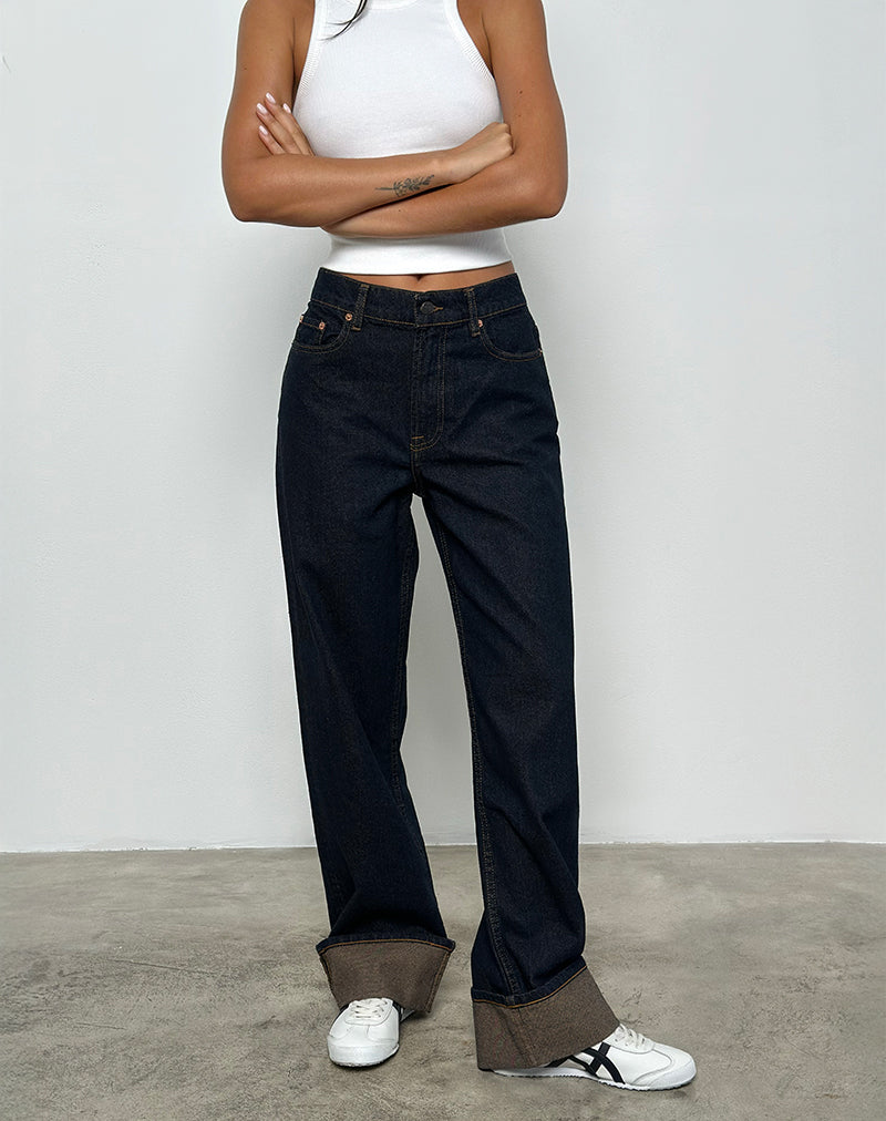 Mid Rise Turn Up Straight Jeans in Indigo-Nico Sky