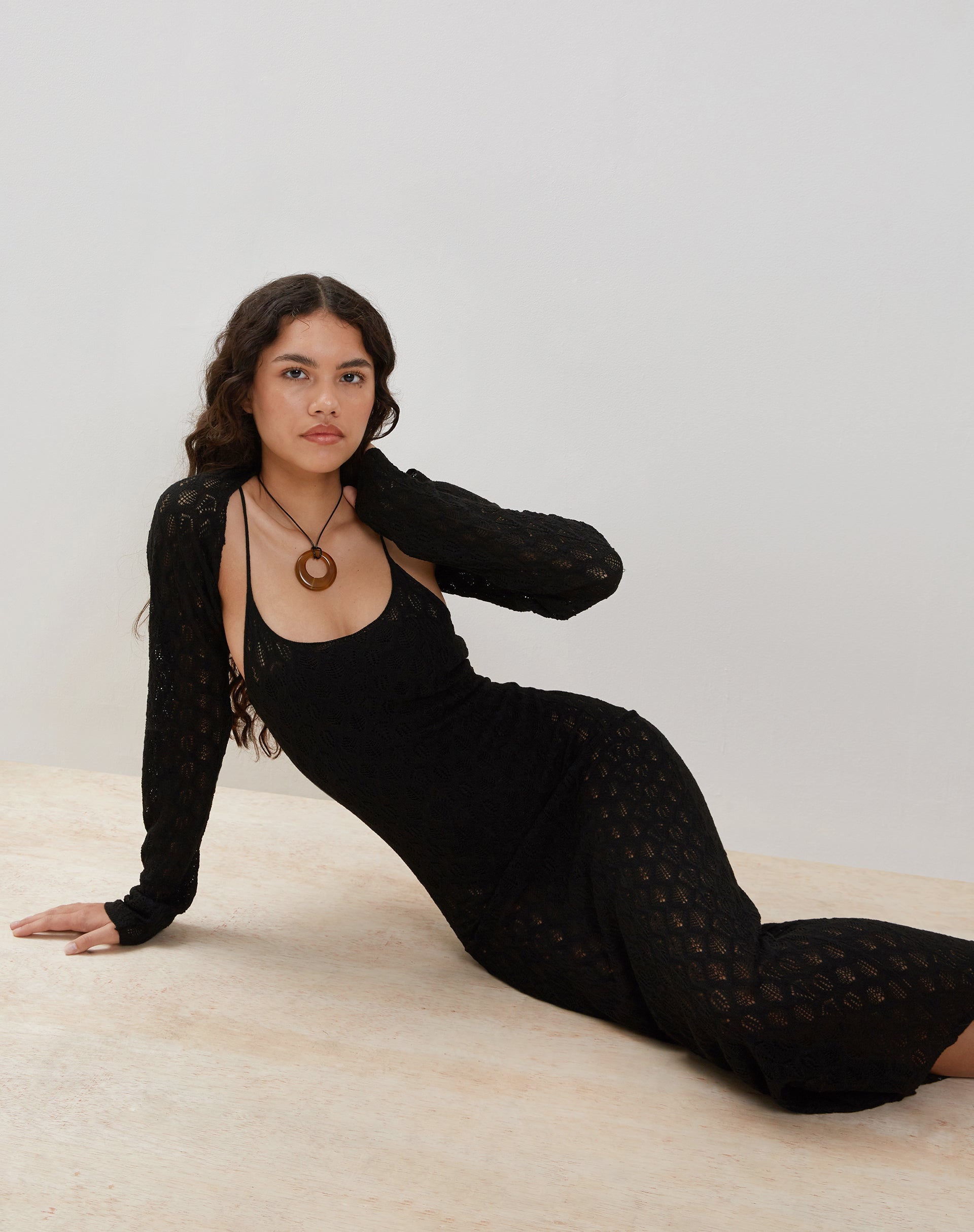 Caroline Strappy Maxi Dress in Mesh Black-Nico Sky