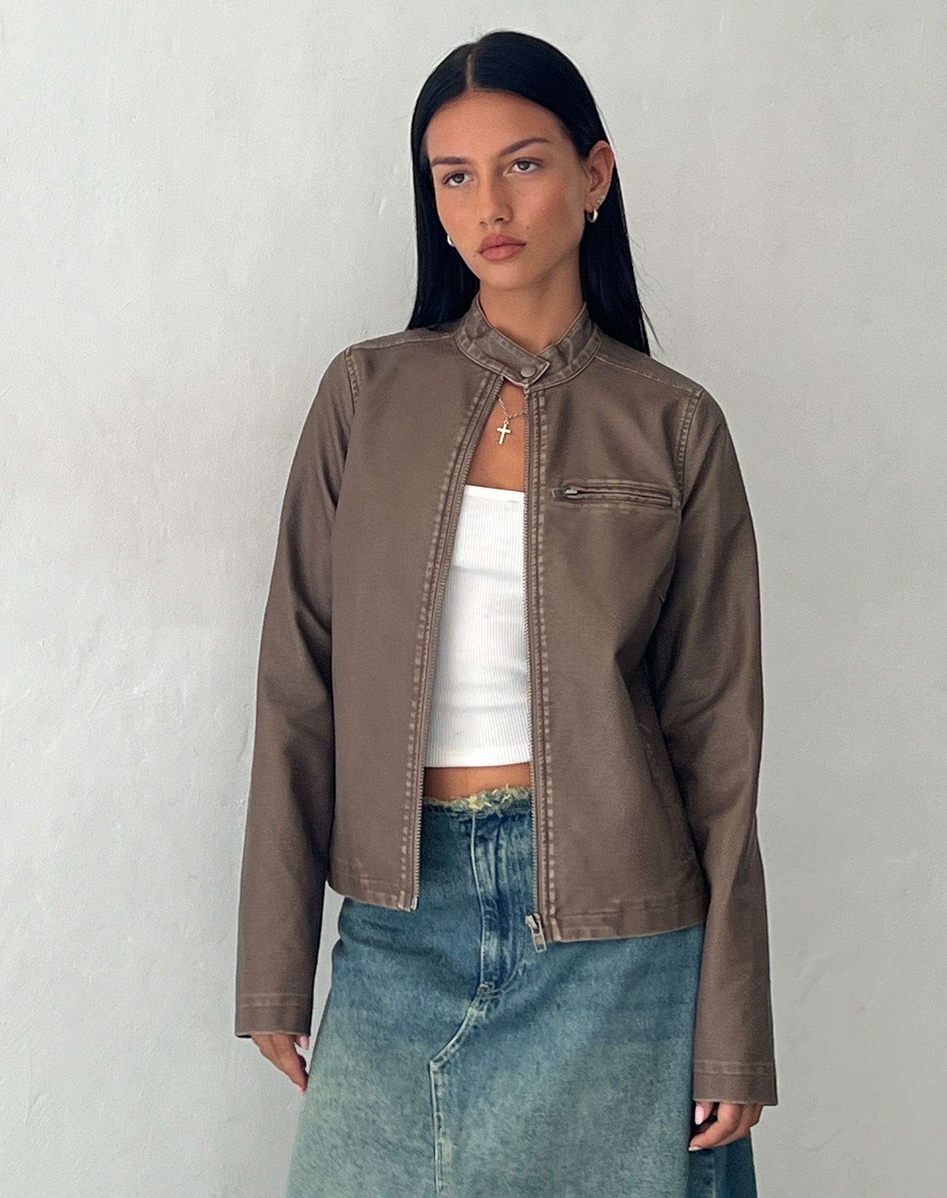 Mildred Distressed Biker Jacket in PU Olive-Nico Sky