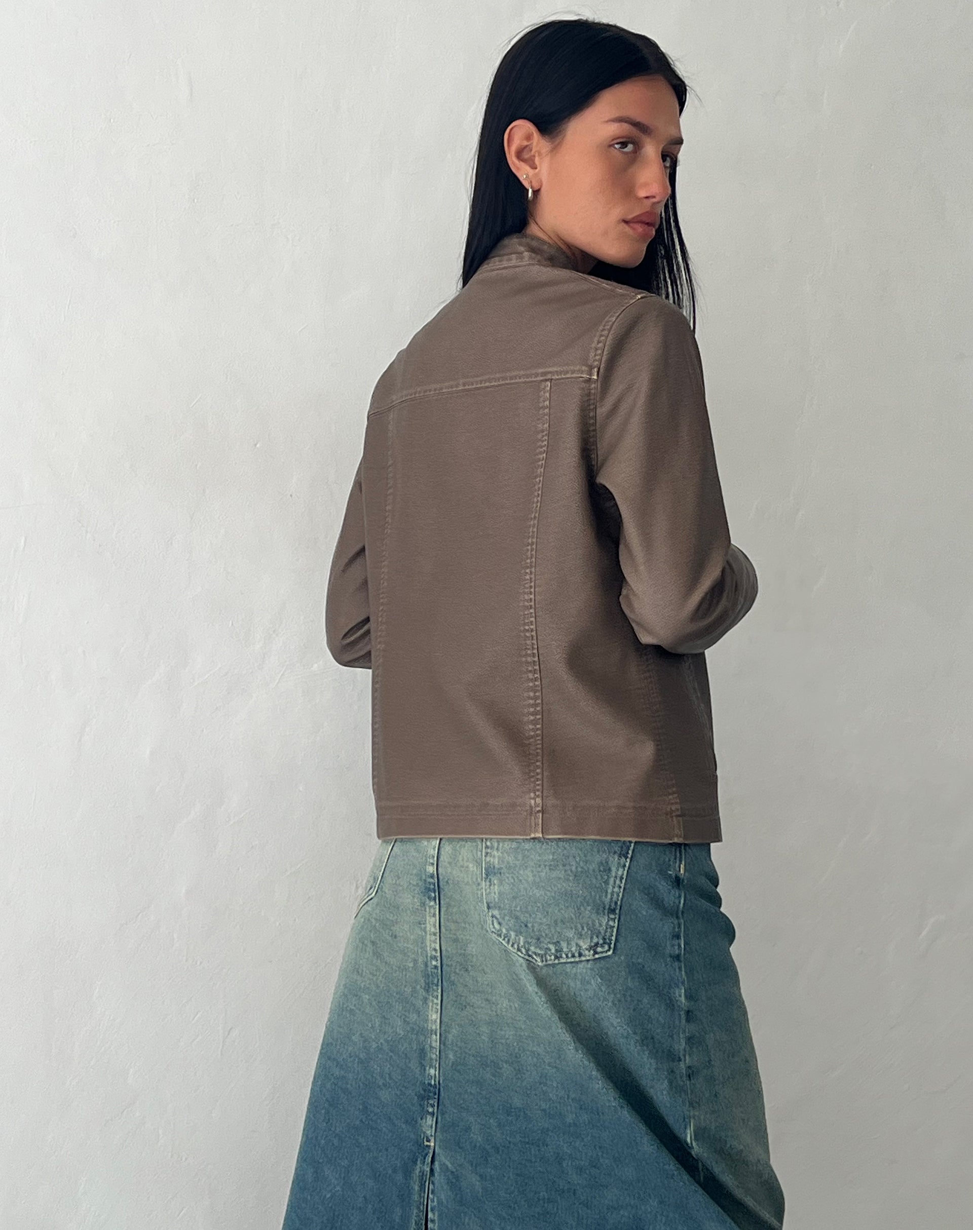 Mildred Distressed Biker Jacket in PU Olive-Nico Sky