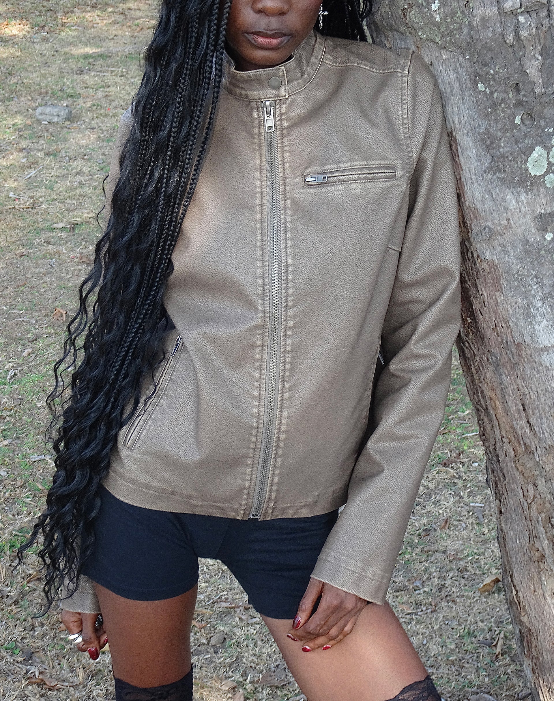 Mildred Distressed Biker Jacket in PU Olive-Nico Sky