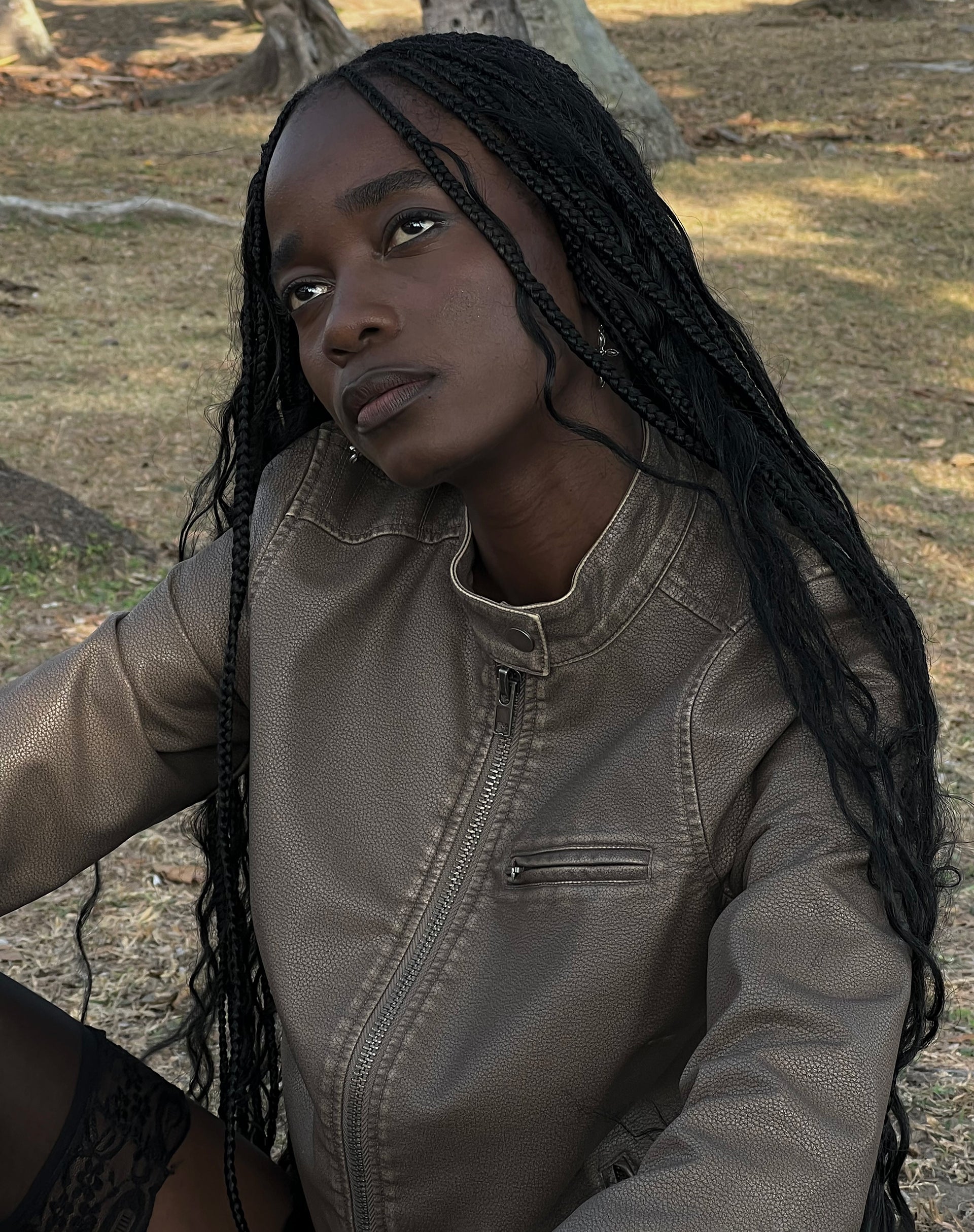 Mildred Distressed Biker Jacket in PU Olive-Nico Sky