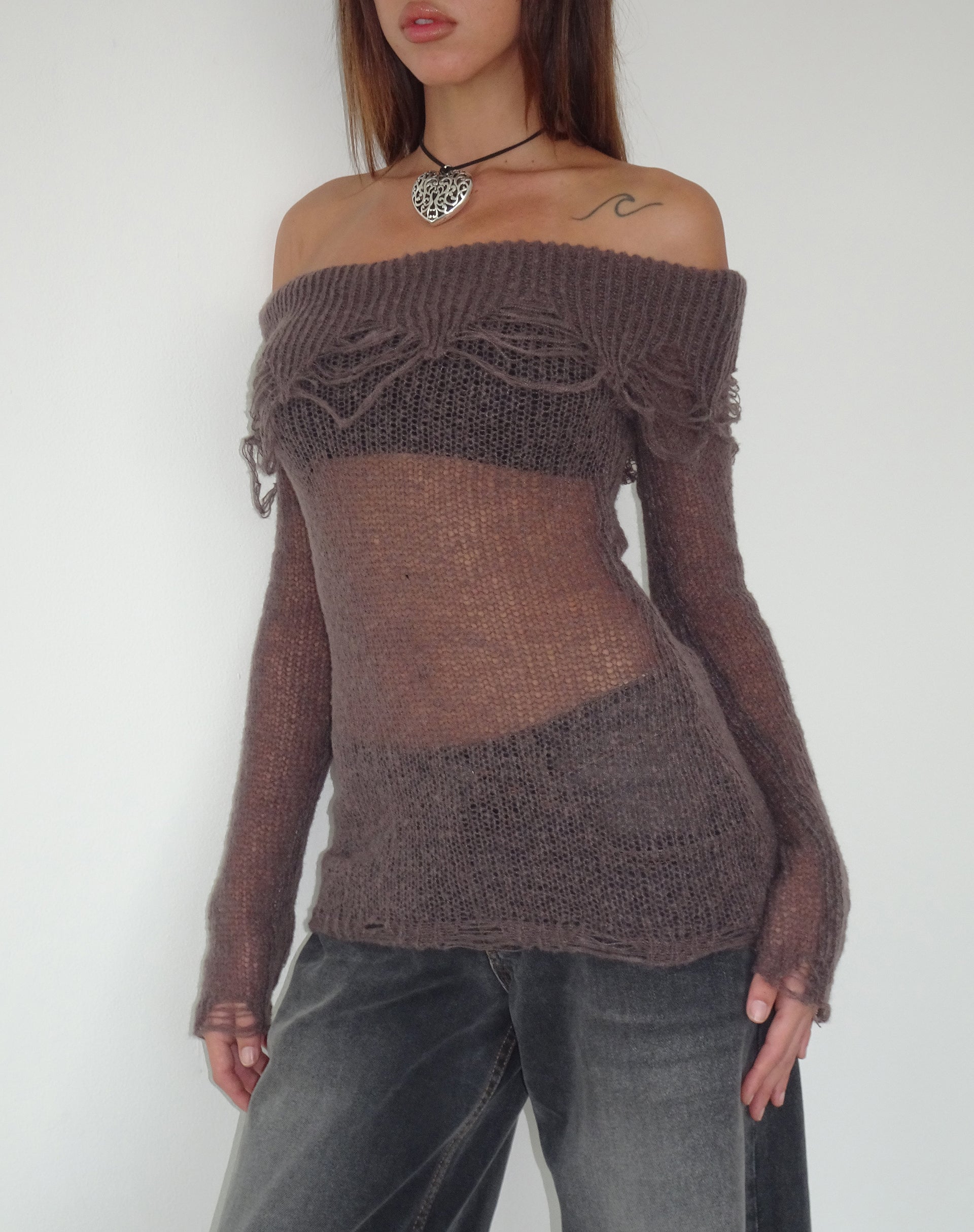 Milena Distress Knit Long Sleeve Bardot Top in Maroon-Nico Sky