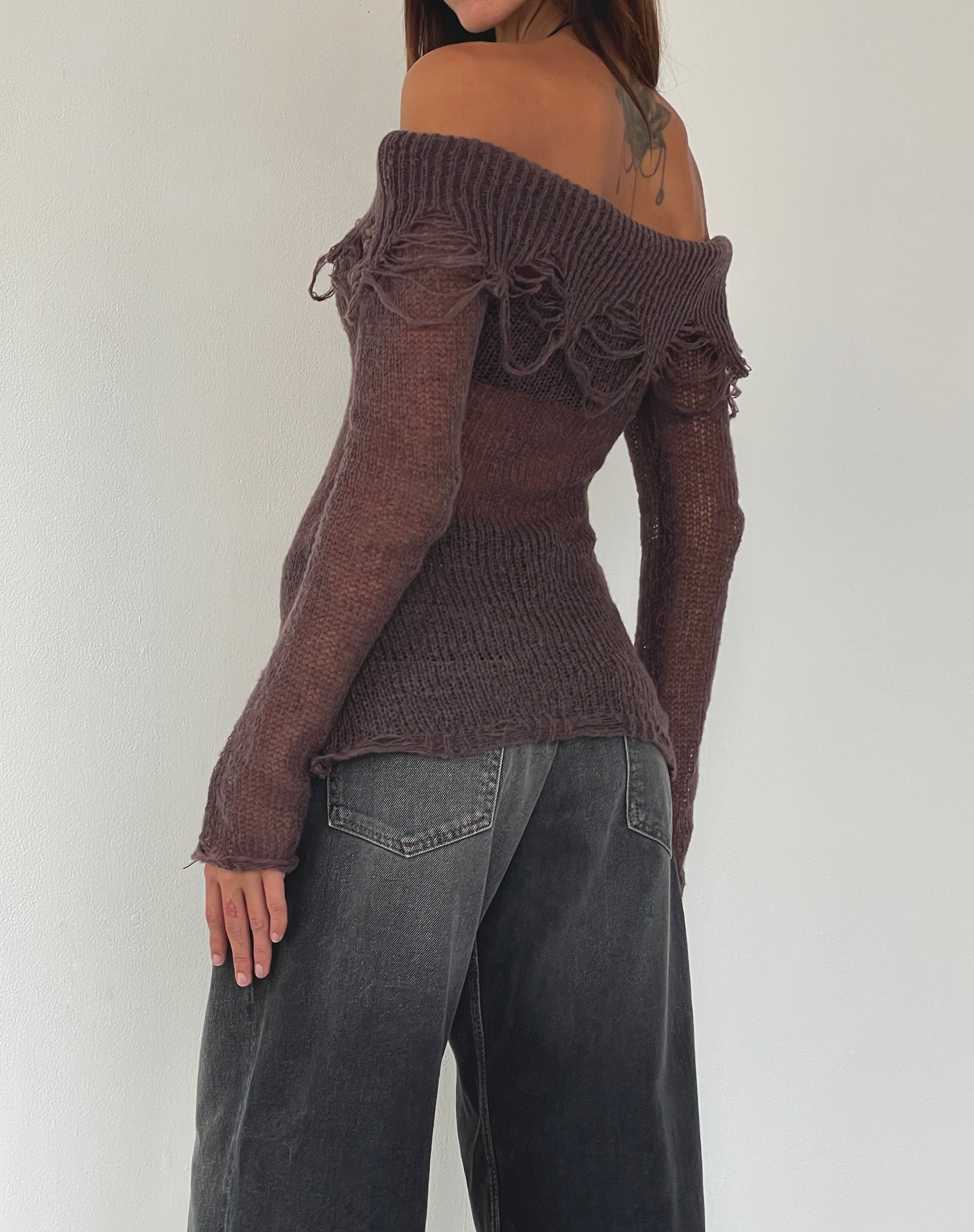 Milena Distress Knit Long Sleeve Bardot Top in Maroon-Nico Sky